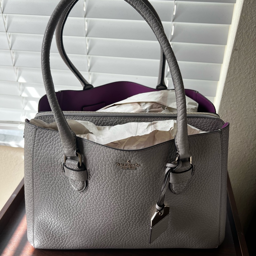 kate spade gray leather satchel with purple interior